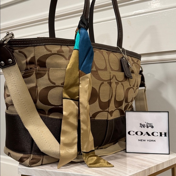 Coach Handbags - Coach Signature Stripe Baby Diaper Work Travel Large Canvas Brown Tote